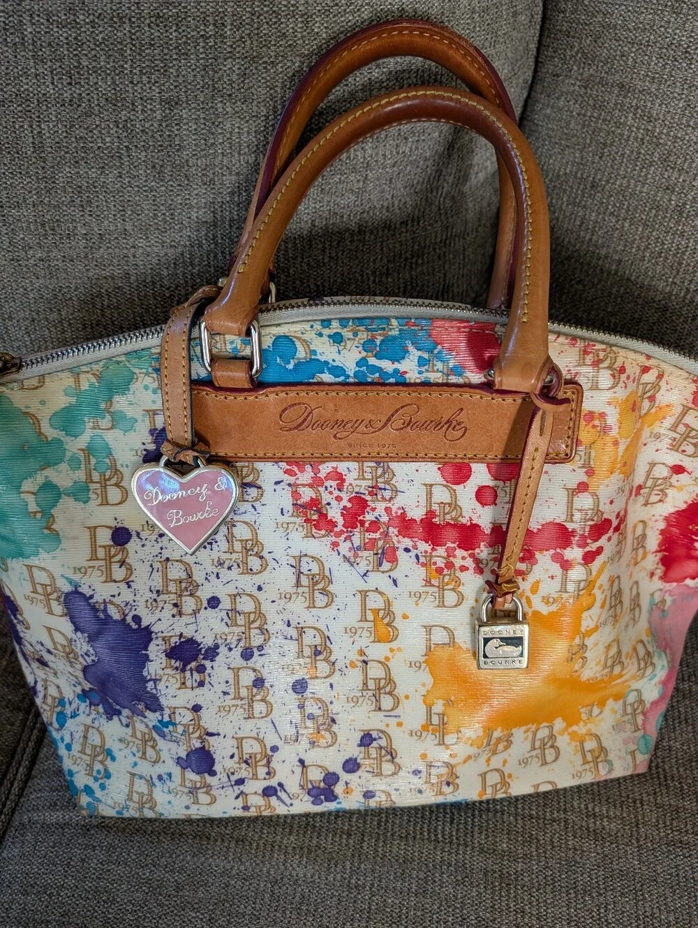 Dooney & Bourke Vanessa 1975 Line Multicolor Splash Logo Satchel Leather Trim